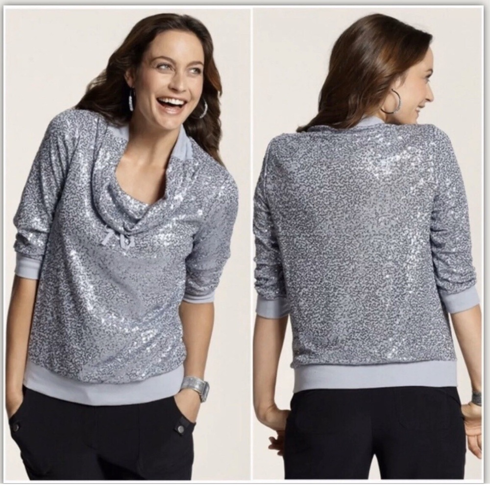 Chicos Zenergy Silver Sequin pullover- worn a few times.